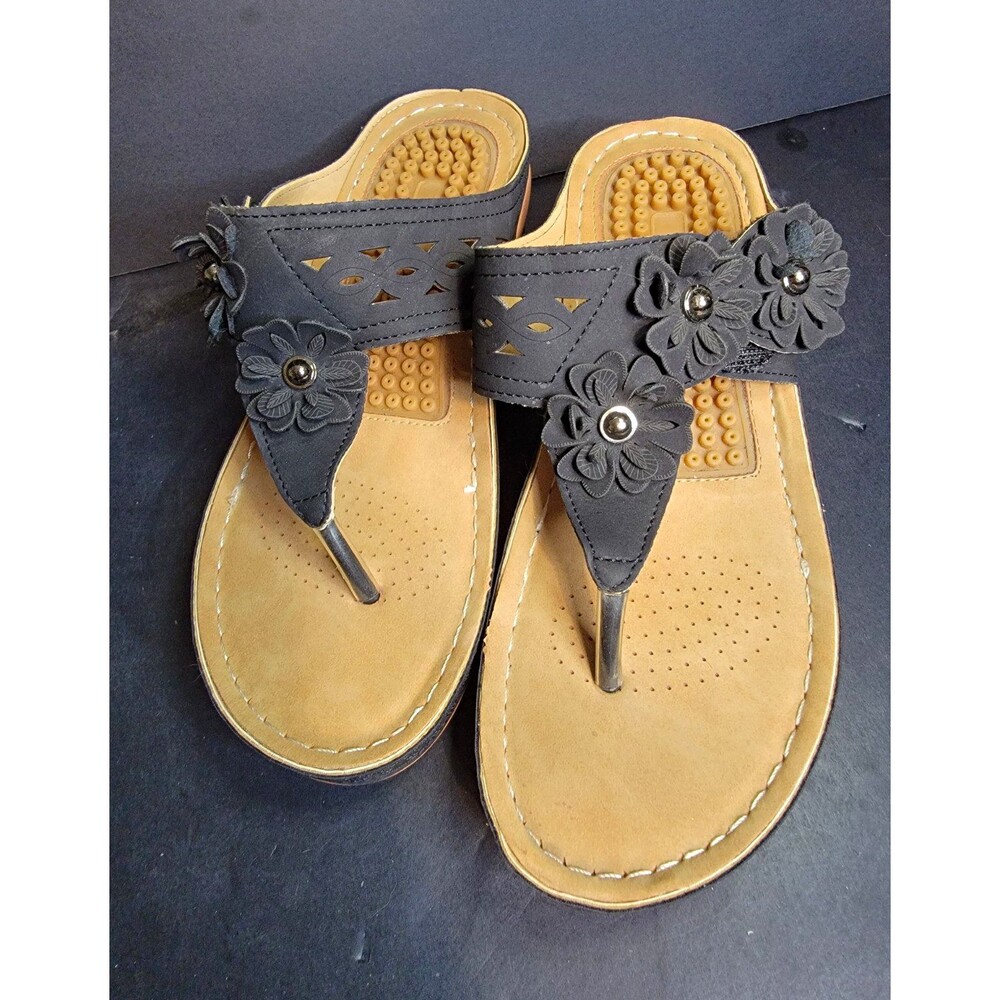Women's Black Thong Wedge Slide Sandals Flower Accent Cushioned EU 38